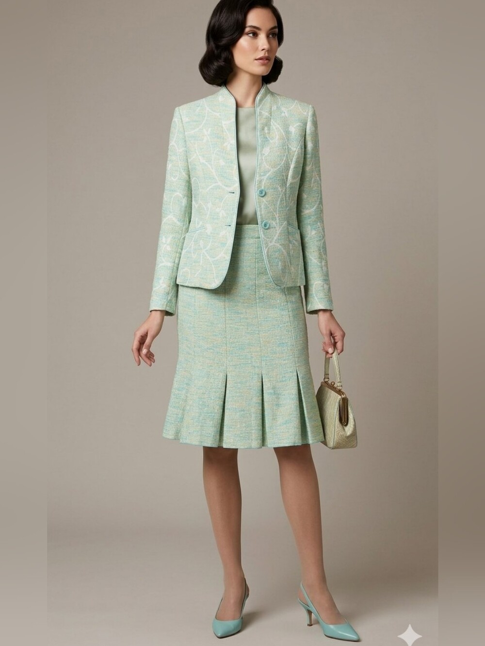 Vintage Tweed Blazer & Skirt Suit Made In Spain Pastel Aqua & Yellow